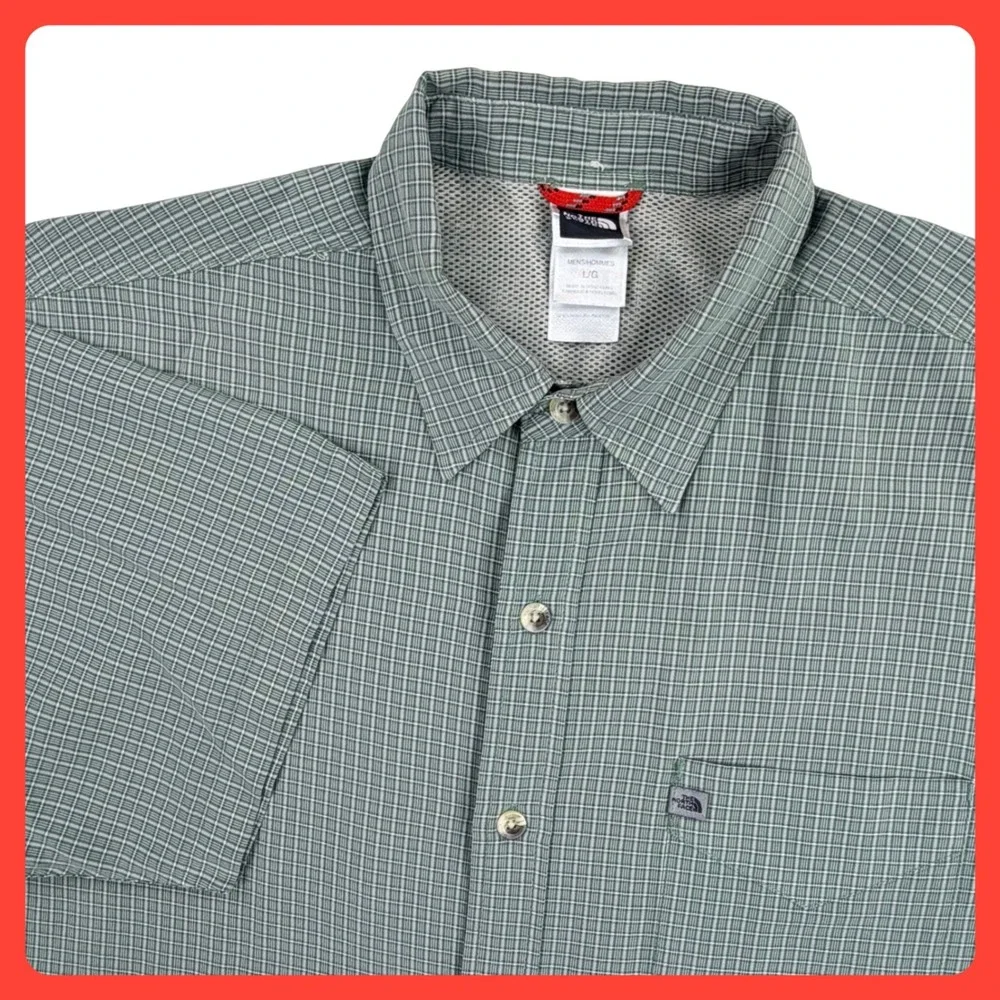 Vintage North Face Hiking Camp Shirt Men LARGE Green Plaid Short Sleeve‎ Loose